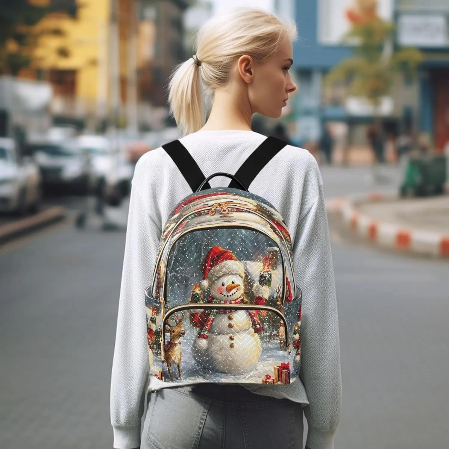 ALAZA Merry Christmas Deer Snowman Winter Retro Women Backpack Purse Ladies Fashion Shoulder Bag Daypack Travel Bag 7.5L
