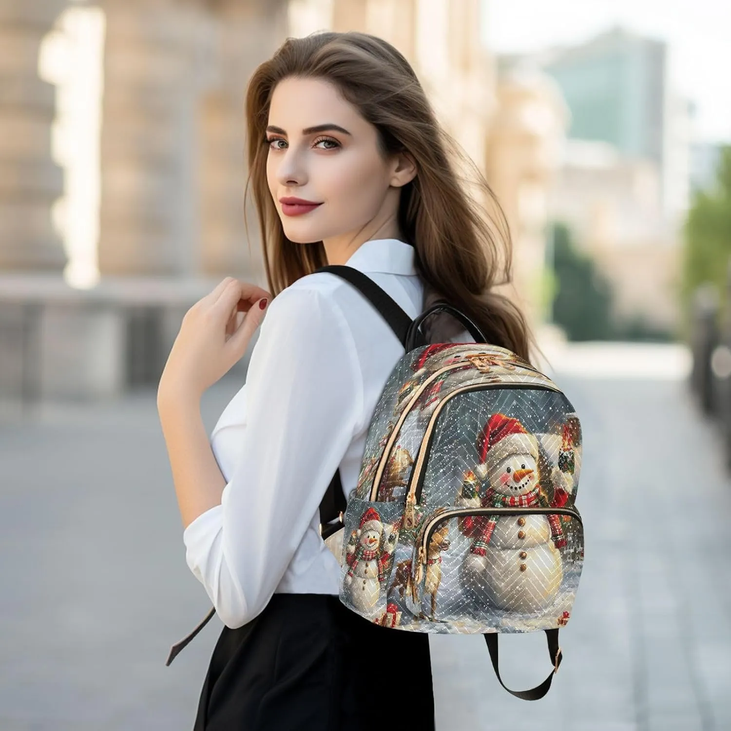 ALAZA Merry Christmas Deer Snowman Winter Retro Women Backpack Purse Ladies Fashion Shoulder Bag Daypack Travel Bag 7.5L