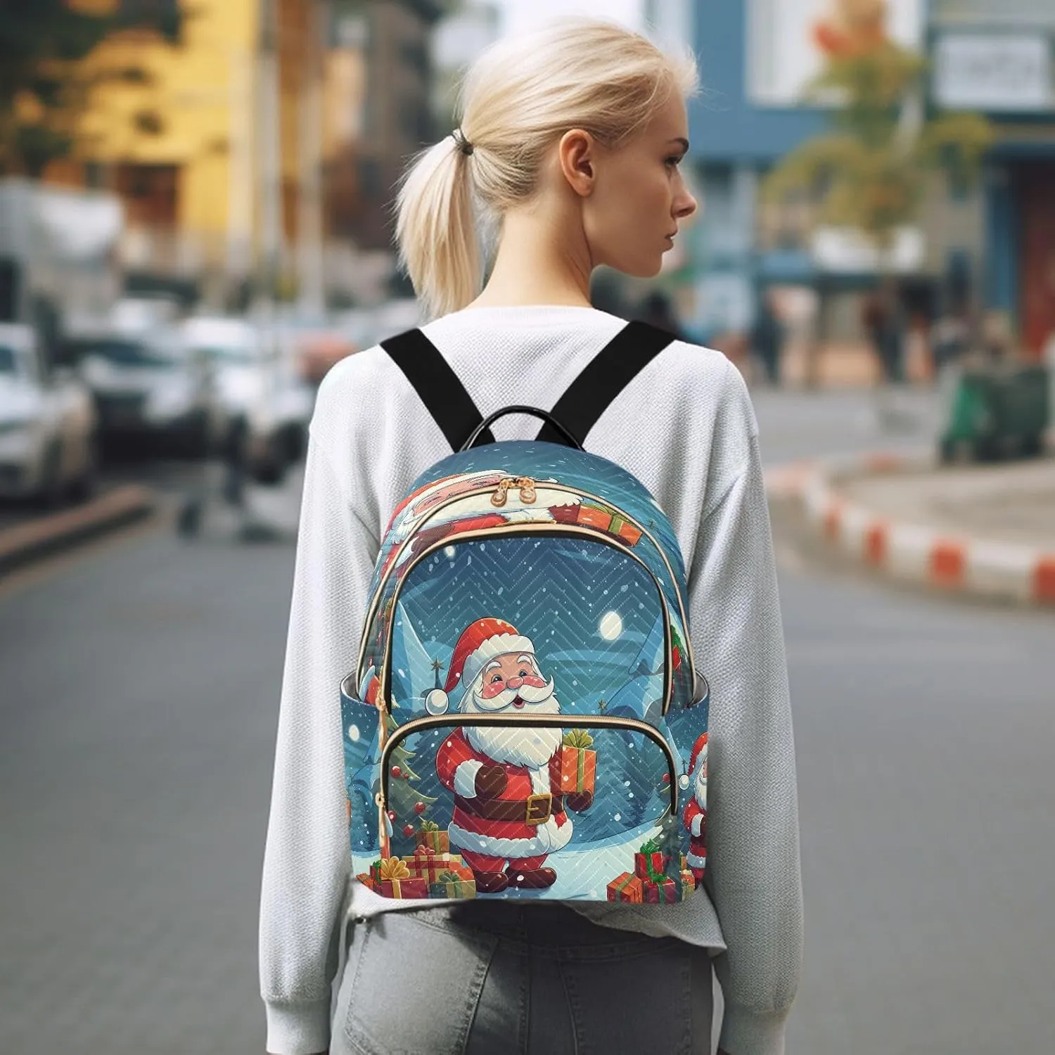 ALAZA Pine Tree Santa Claus Snow Xmas Women Backpack Purse Ladies Fashion Shoulder Bag Daypack Travel Bag 10L