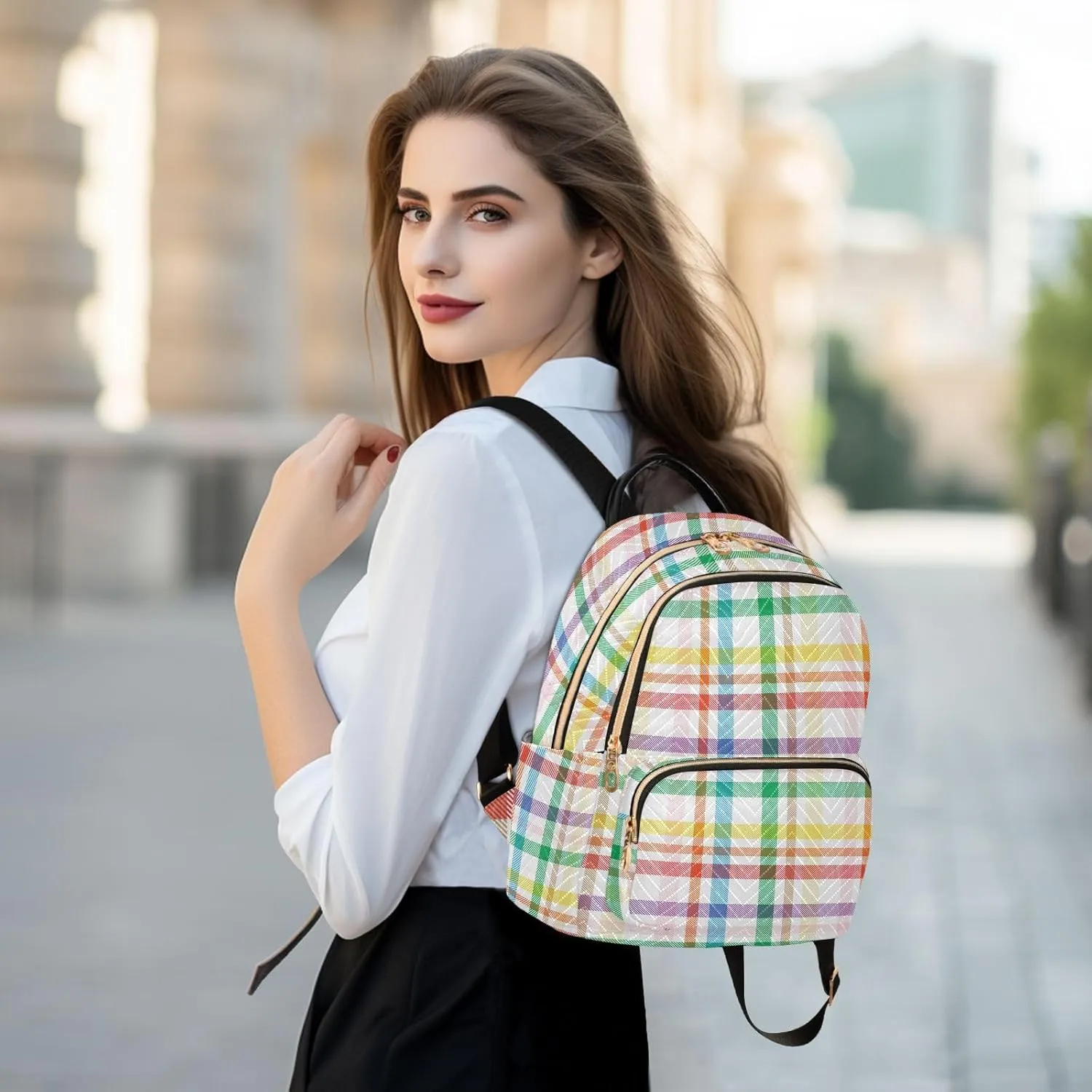 ALAZA Rainbow Tartan Glen Plaid Casual Fashion Polyester Travel Rucksack Shoulder Bag