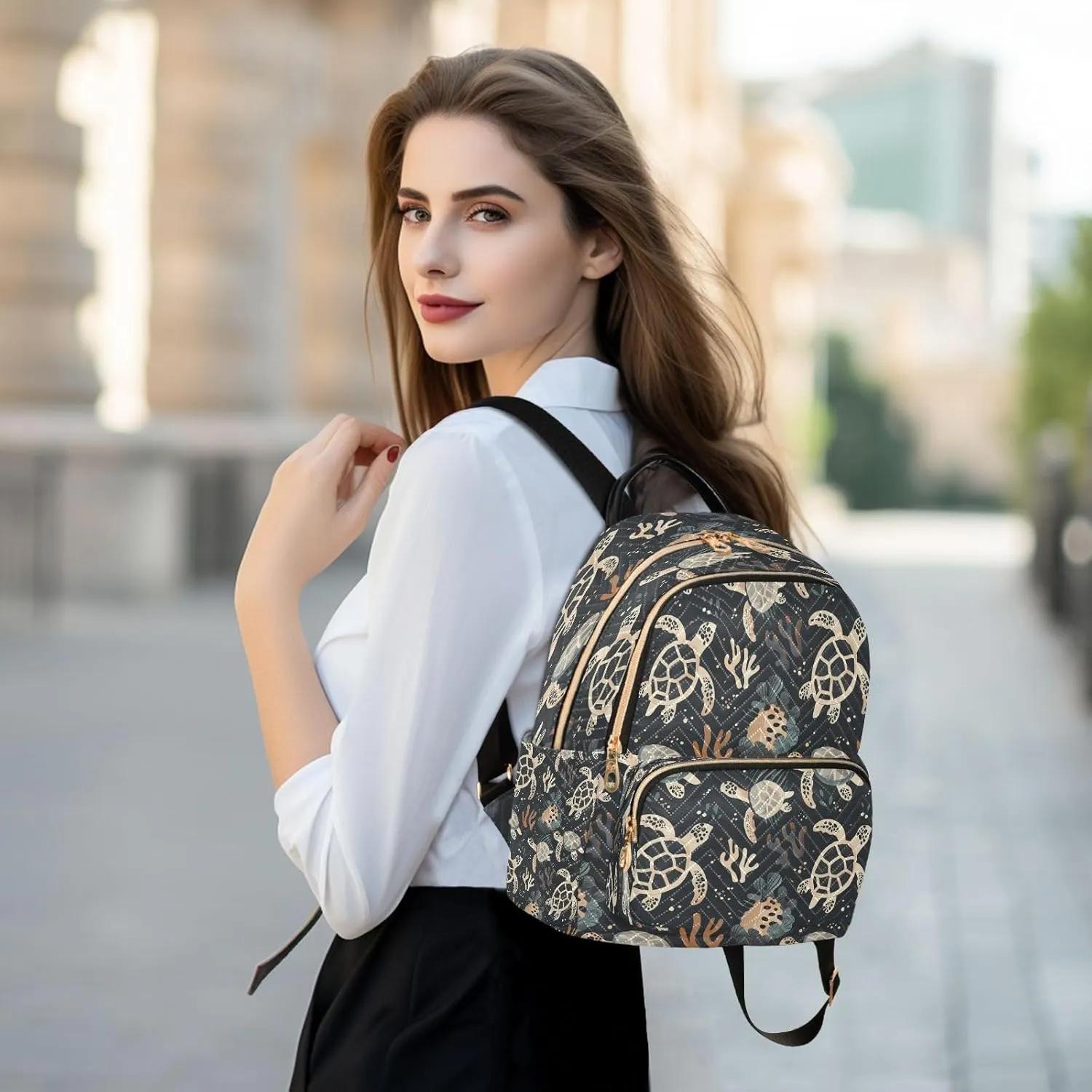 ALAZA Sea Turtle Coral Reef Black Women Backpack Purse Ladies Fashion Shoulder Bag Daypack Travel Bag 7.5L