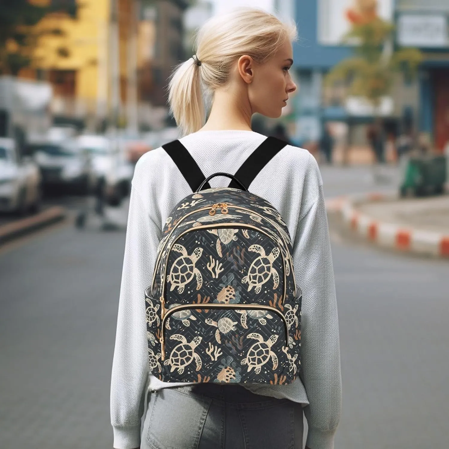 ALAZA Sea Turtle Coral Reef Black Women Backpack Purse Ladies Fashion Shoulder Bag Daypack Travel Bag 7.5L