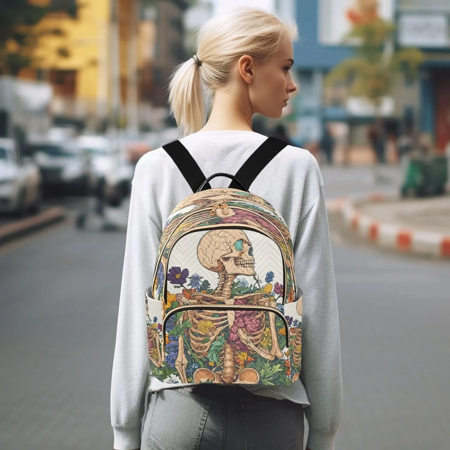 ALAZA Skull Flower Viscera Small Backpack for Women Fashion Backpack Purse Lightweight Casual Daypack Back Pack Travel Bag, S