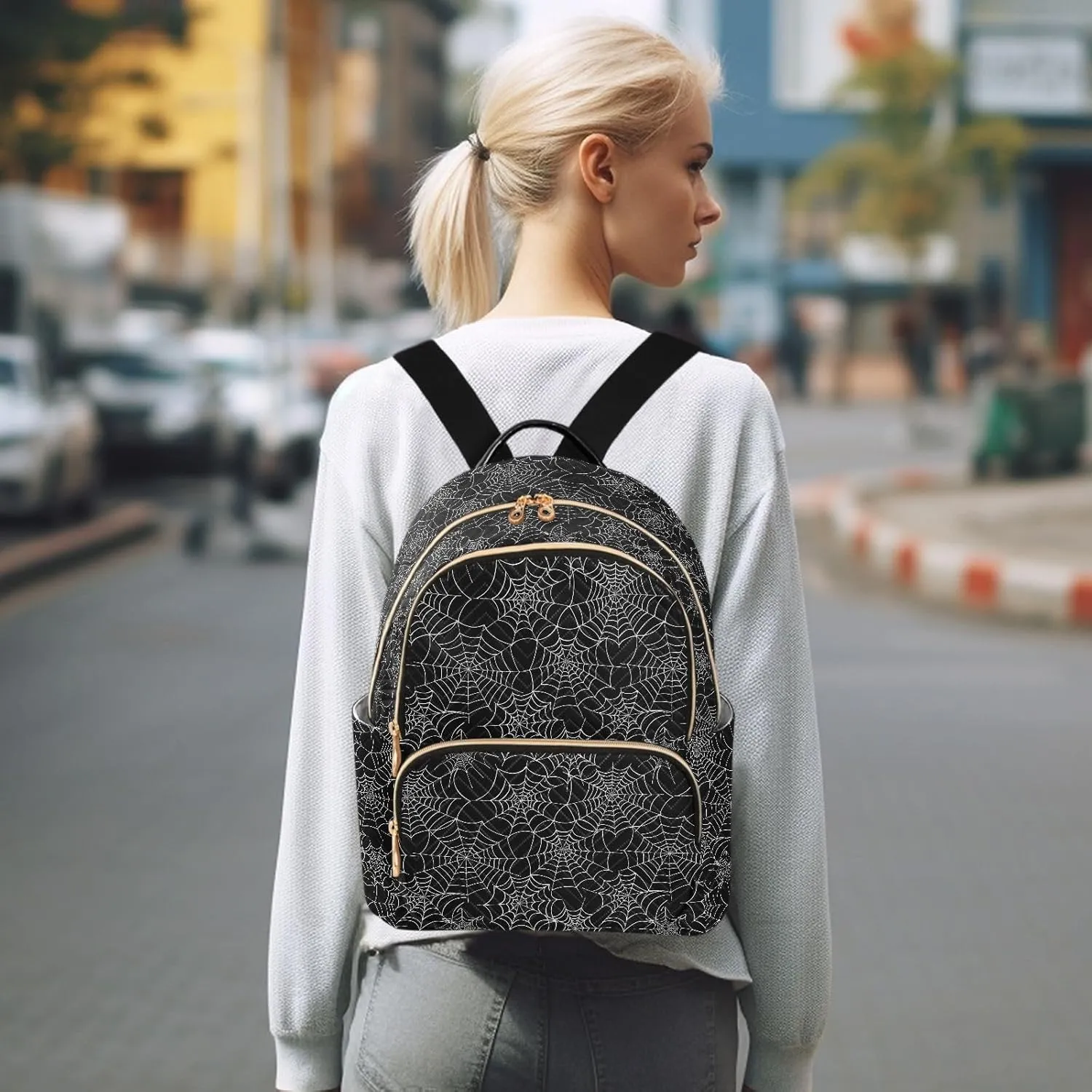 ALAZA Spider Web Black Halloween Women Backpack Purse Ladies Fashion Shoulder Bag Daypack Travel Bag 10L