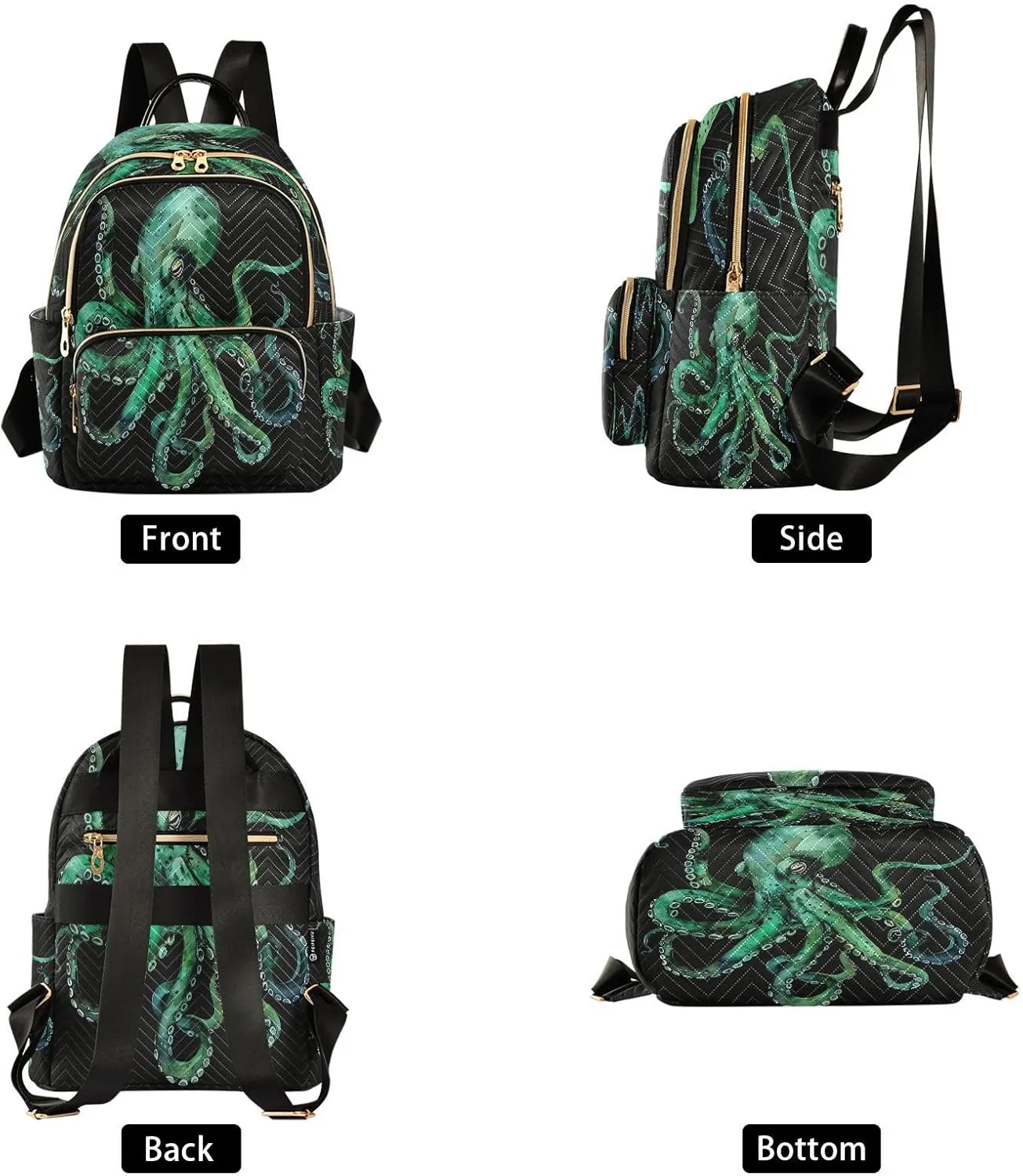 ALAZA Watercolor Green Octopus Black Women Backpack Purse Ladies Fashion Shoulder Bag Daypack Travel Bag 7.5L