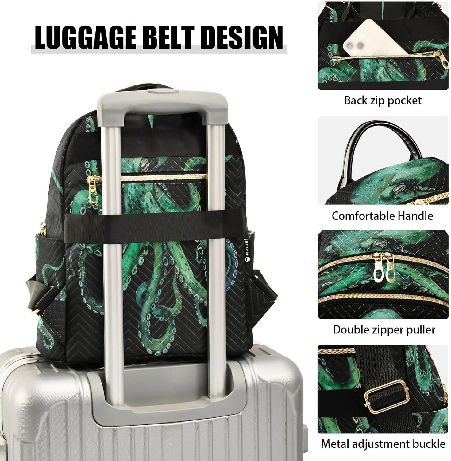 ALAZA Watercolor Green Octopus Black Women Backpack Purse Ladies Fashion Shoulder Bag Daypack Travel Bag 7.5L