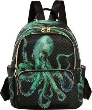 ALAZA Watercolor Green Octopus Black Women Backpack Purse Ladies Fashion Shoulder Bag Daypack Travel Bag 7.5L