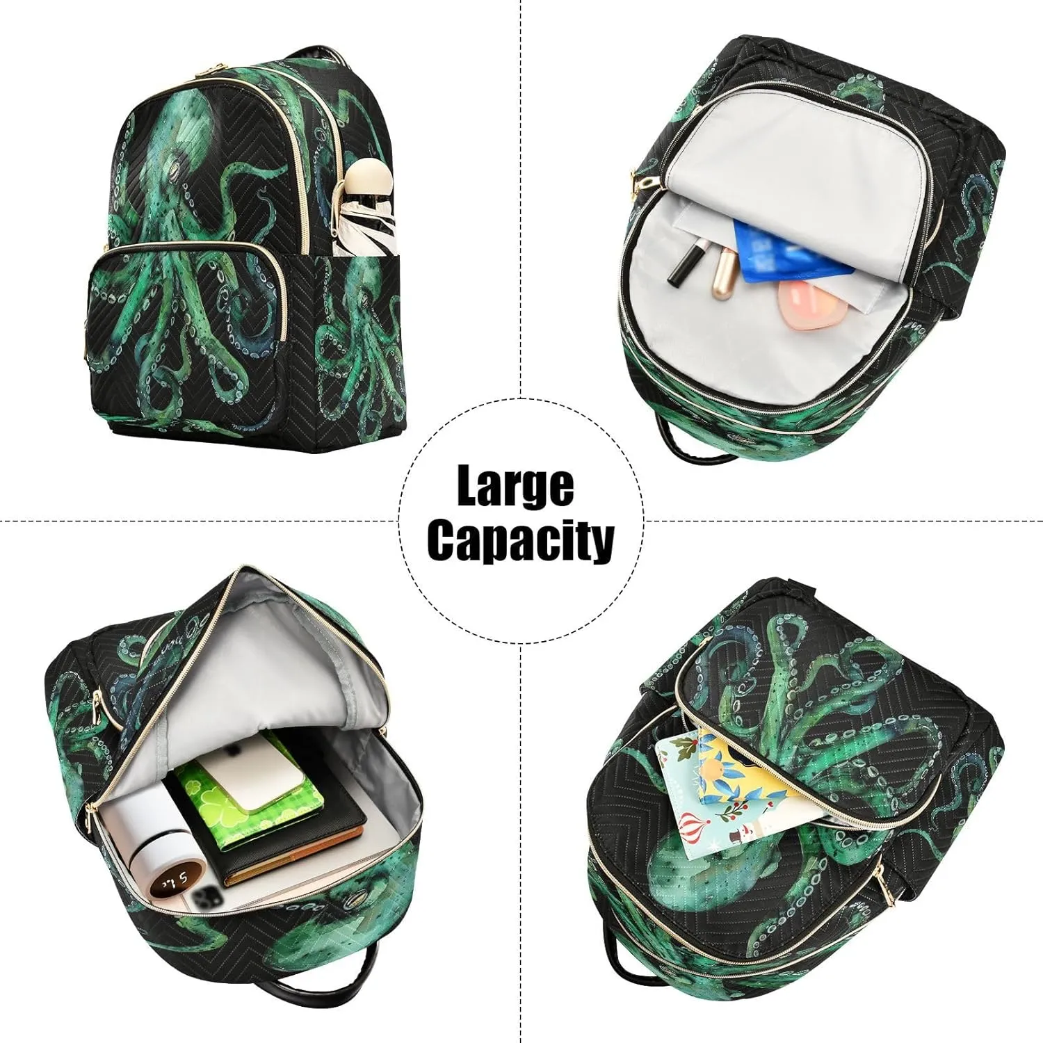 ALAZA Watercolor Green Octopus Black Women Backpack Purse Ladies Fashion Shoulder Bag Daypack Travel Bag 7.5L