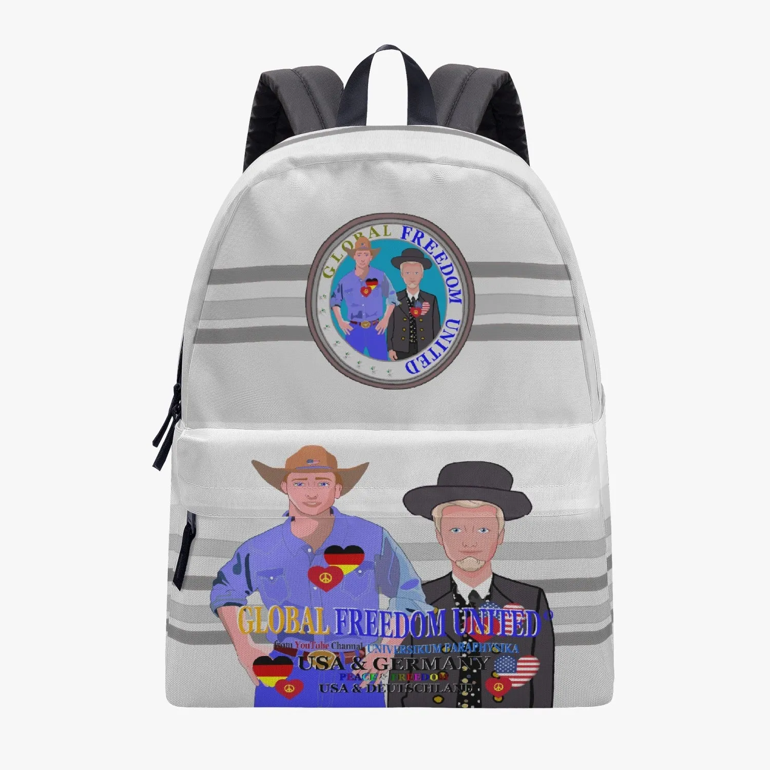 ALL OVER PRINT CANVAS BACKPACK GLOBAL FREEDOM UNITED MEN USA & GERMANY OLD PEACE GREY