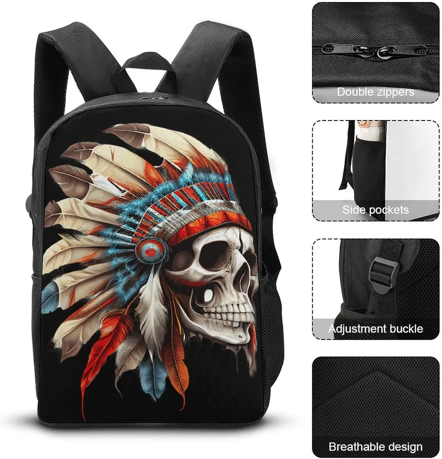 America Indian Skull Backpack with Adjustable Straps, Suitable for Travel Picnics Activities