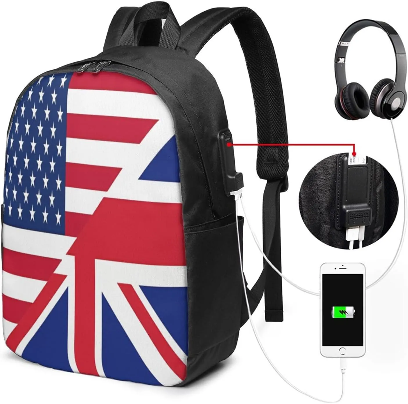 American British England UK English Flag Laptop Backpacks Travel Backpack Casual Business Daypack Sport Rucksack Computer Bag Fits up to 17 Inch Notebook with USB Port