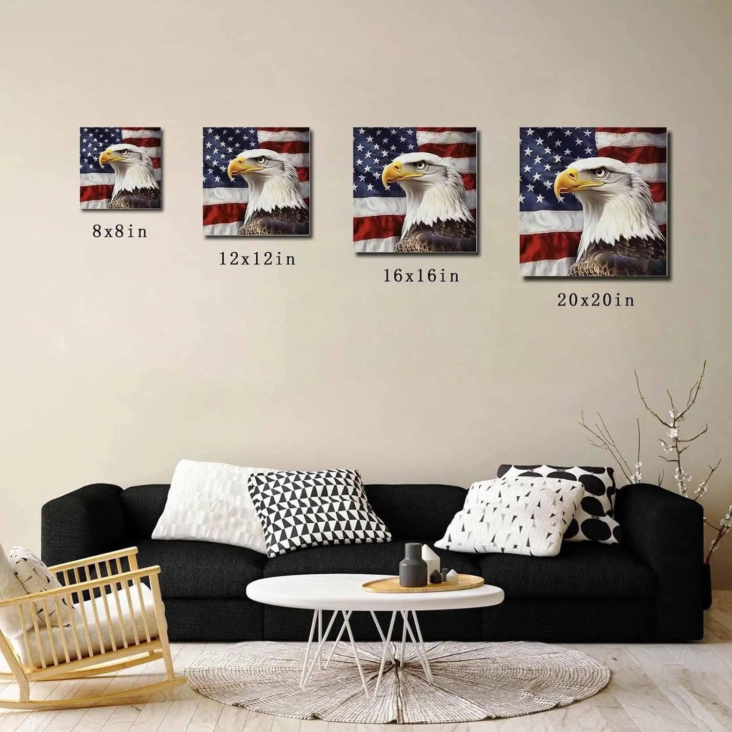 American Flag Canvas Wall Art for Living Room Bedroom Bald Eagle Paintings Independence Day Framed Prints Pictures USA Patriotic Wall Decor for Home Decorations, Ready to Hang, 12''x12''