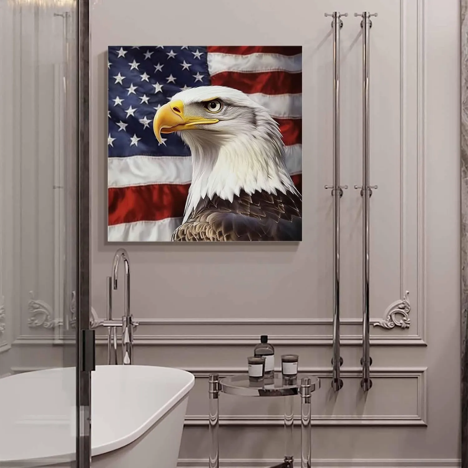 American Flag Canvas Wall Art for Living Room Bedroom Bald Eagle Paintings Independence Day Framed Prints Pictures USA Patriotic Wall Decor for Home Decorations, Ready to Hang, 12''x12''