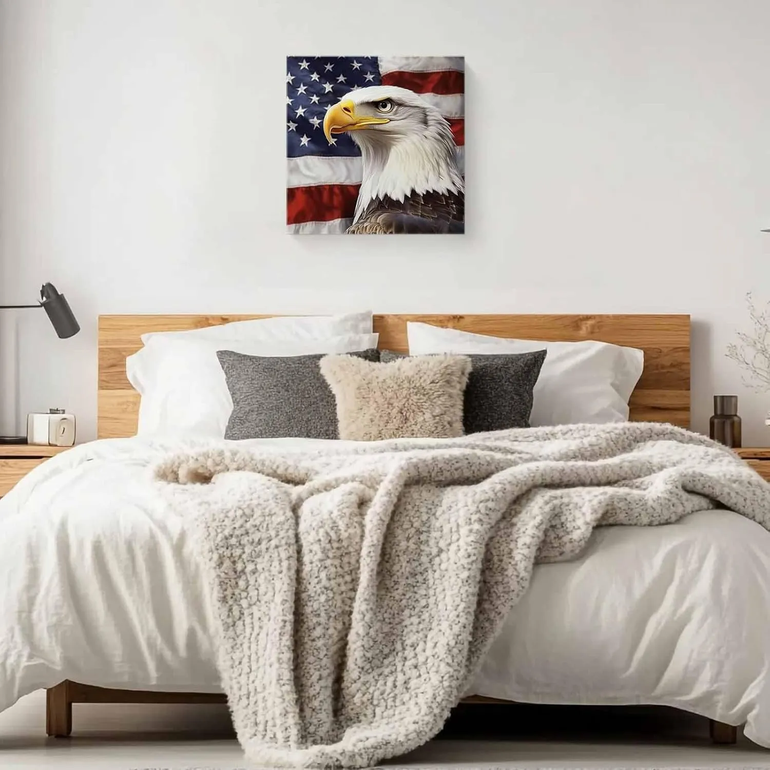 American Flag Canvas Wall Art for Living Room Bedroom Bald Eagle Paintings Independence Day Framed Prints Pictures USA Patriotic Wall Decor for Home Decorations, Ready to Hang, 12''x12''