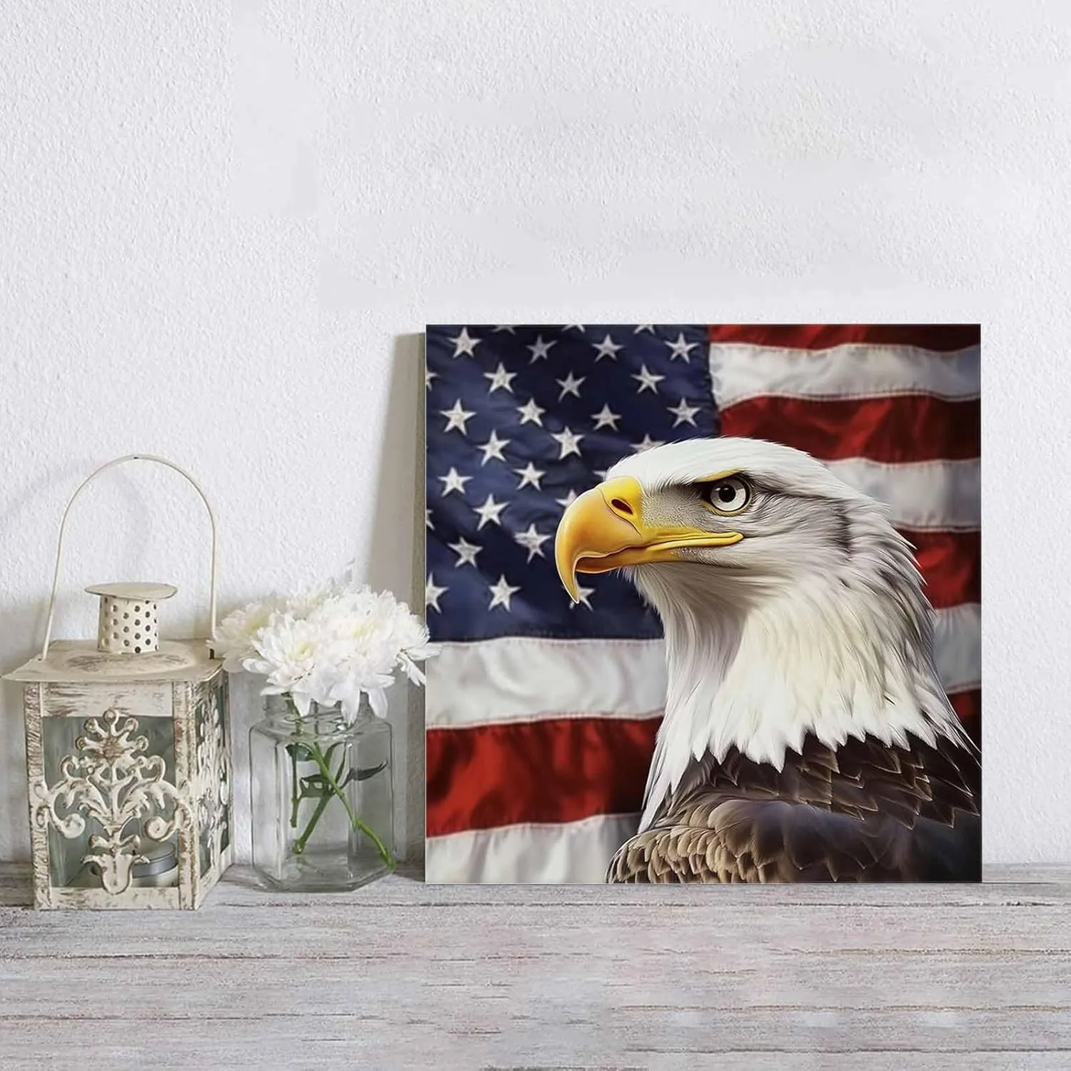 American Flag Canvas Wall Art for Living Room Bedroom Bald Eagle Paintings Independence Day Framed Prints Pictures USA Patriotic Wall Decor for Home Decorations, Ready to Hang, 12''x12''
