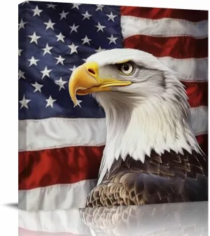American Flag Canvas Wall Art for Living Room Bedroom Bald Eagle Paintings Independence Day Framed Prints Pictures USA Patriotic Wall Decor for Home Decorations, Ready to Hang, 12''x12''