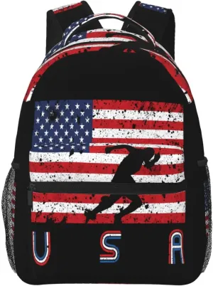 American Flag Track Team Backpack Casual Pack Bag Laptop Backpack With Side Pocket Front Zipper Pocket Bookpack Travel Daypack Picnic Rucksack