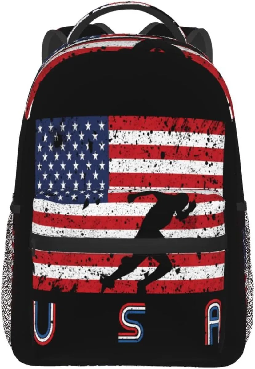 American Flag Track Team Backpack Casual Pack Bag Laptop Backpack With Side Pocket Front Zipper Pocket Bookpack Travel Daypack Picnic Rucksack