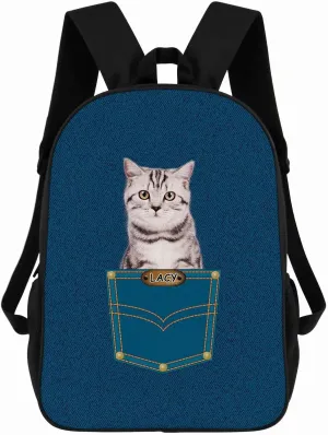 American Shorthair Cat Backpack Bookbag Custom Blue Jeans Print Daypack Laptop Bag for Work Travel Hiking 17 Inch Lightweight Style 2