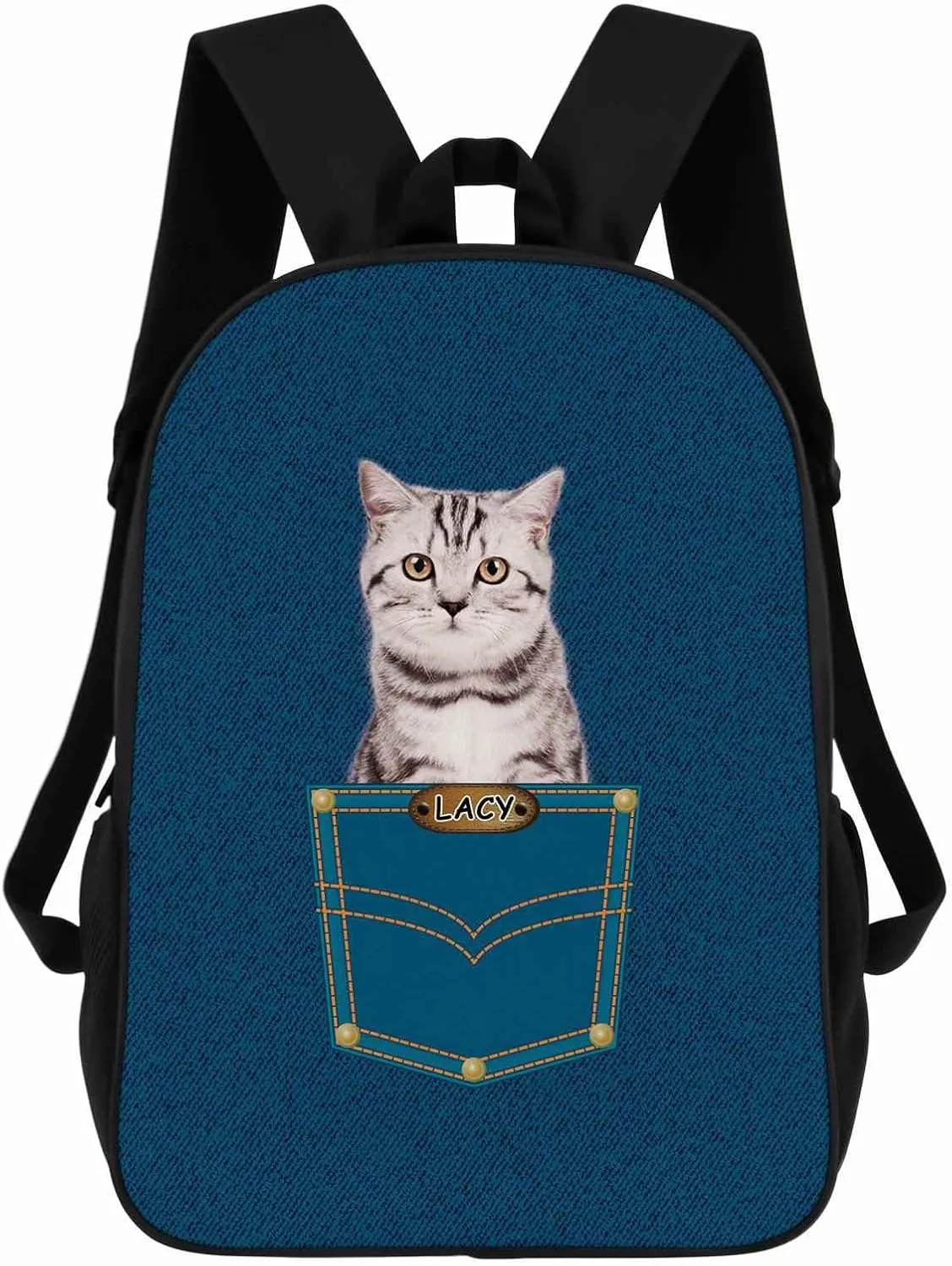 American Shorthair Cat Backpack Bookbag Custom Blue Jeans Print Daypack Laptop Bag for Work Travel Hiking 17 Inch Lightweight Style 2