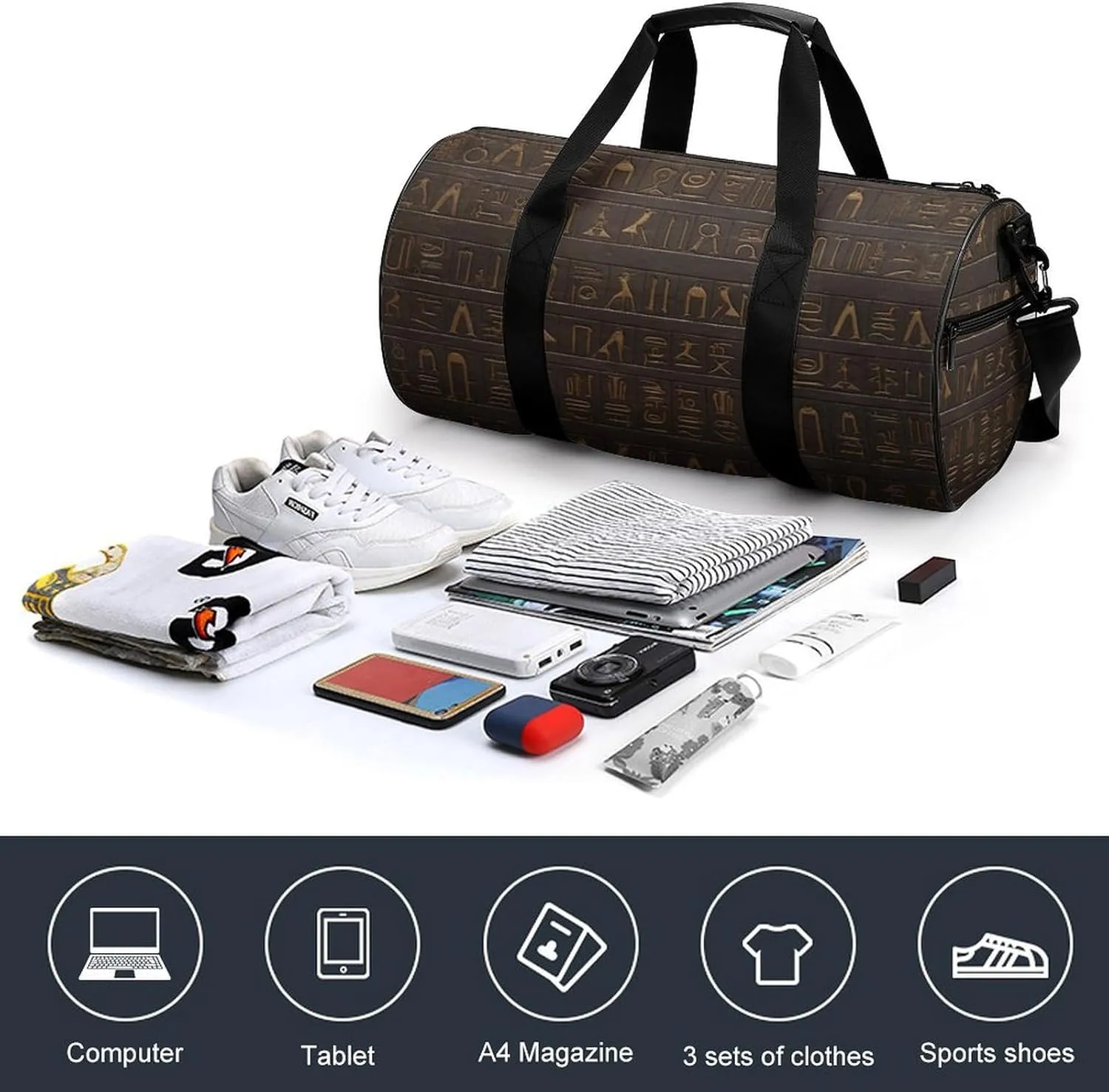 Ancient Egyptian Hieroglyph Gym Bag Small Travel Duffle Bag with Compartment Carry On Weekender Bag for Women Men