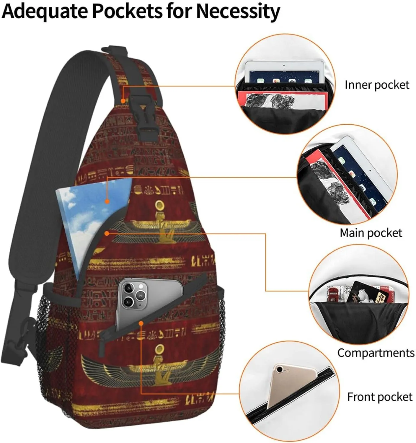 Ancient Egyptian Shoulder Bag Egypt Sling Backpack Daypack Casual Backpack Hiking Bag Hieroglyph Backpack Bag