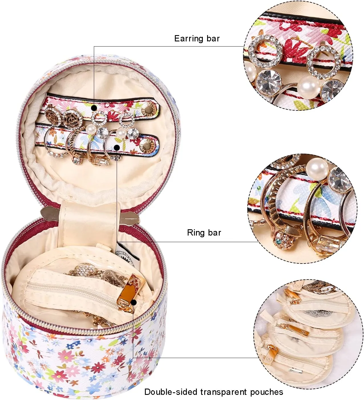 Angelina's Palace Round Jewelry Organizer Case Travel Bag Bridesmaid Gifts Vegan Leather Box for Necklace Earring Bracelet Ring(blossom wine)