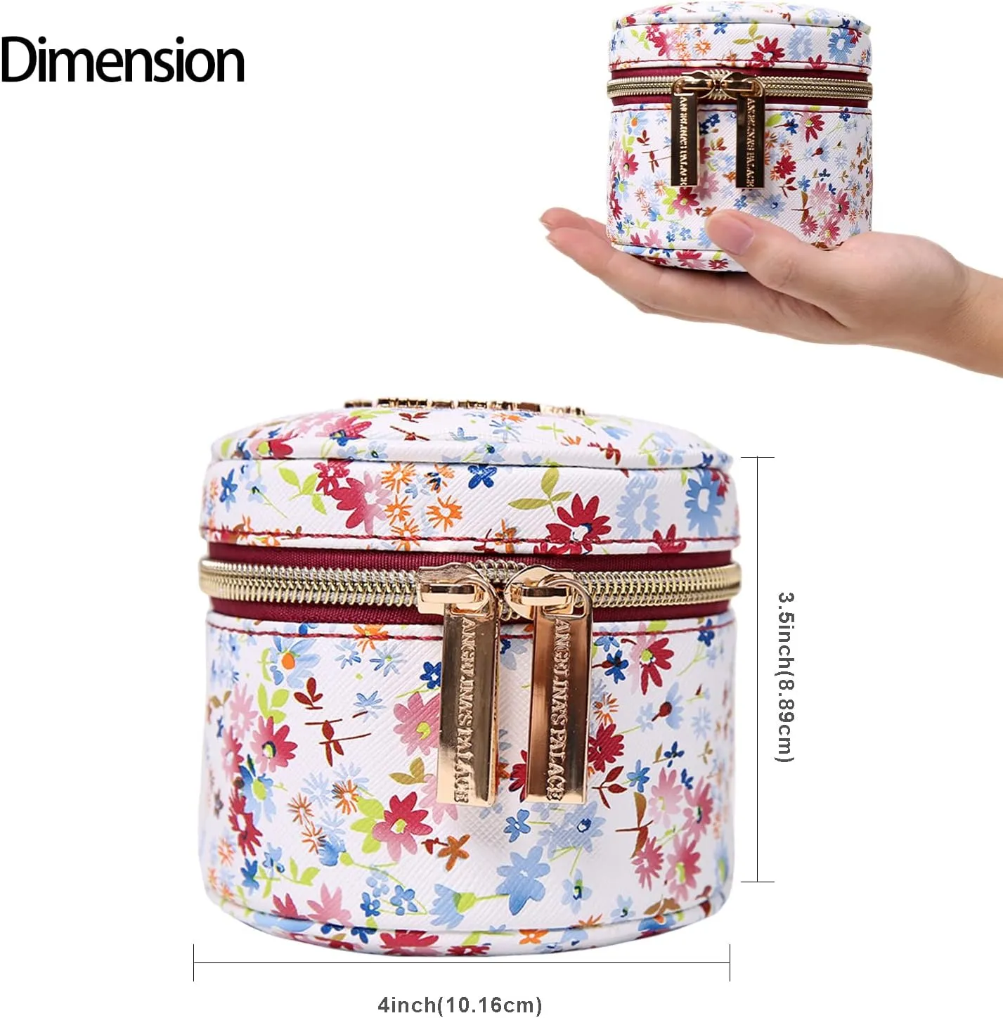 Angelina's Palace Round Jewelry Organizer Case Travel Bag Bridesmaid Gifts Vegan Leather Box for Necklace Earring Bracelet Ring(blossom wine)