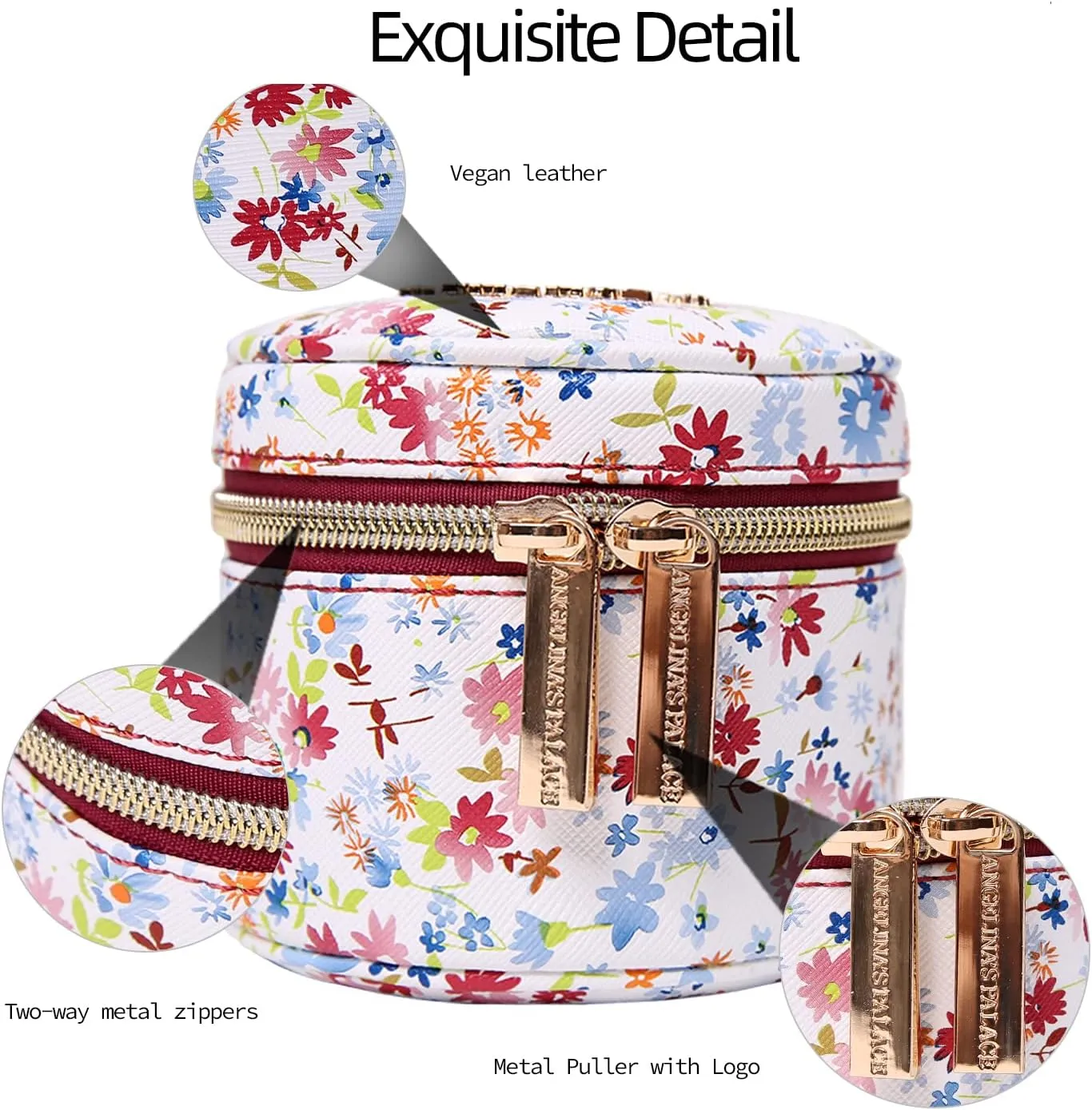 Angelina's Palace Round Jewelry Organizer Case Travel Bag Bridesmaid Gifts Vegan Leather Box for Necklace Earring Bracelet Ring(blossom wine)