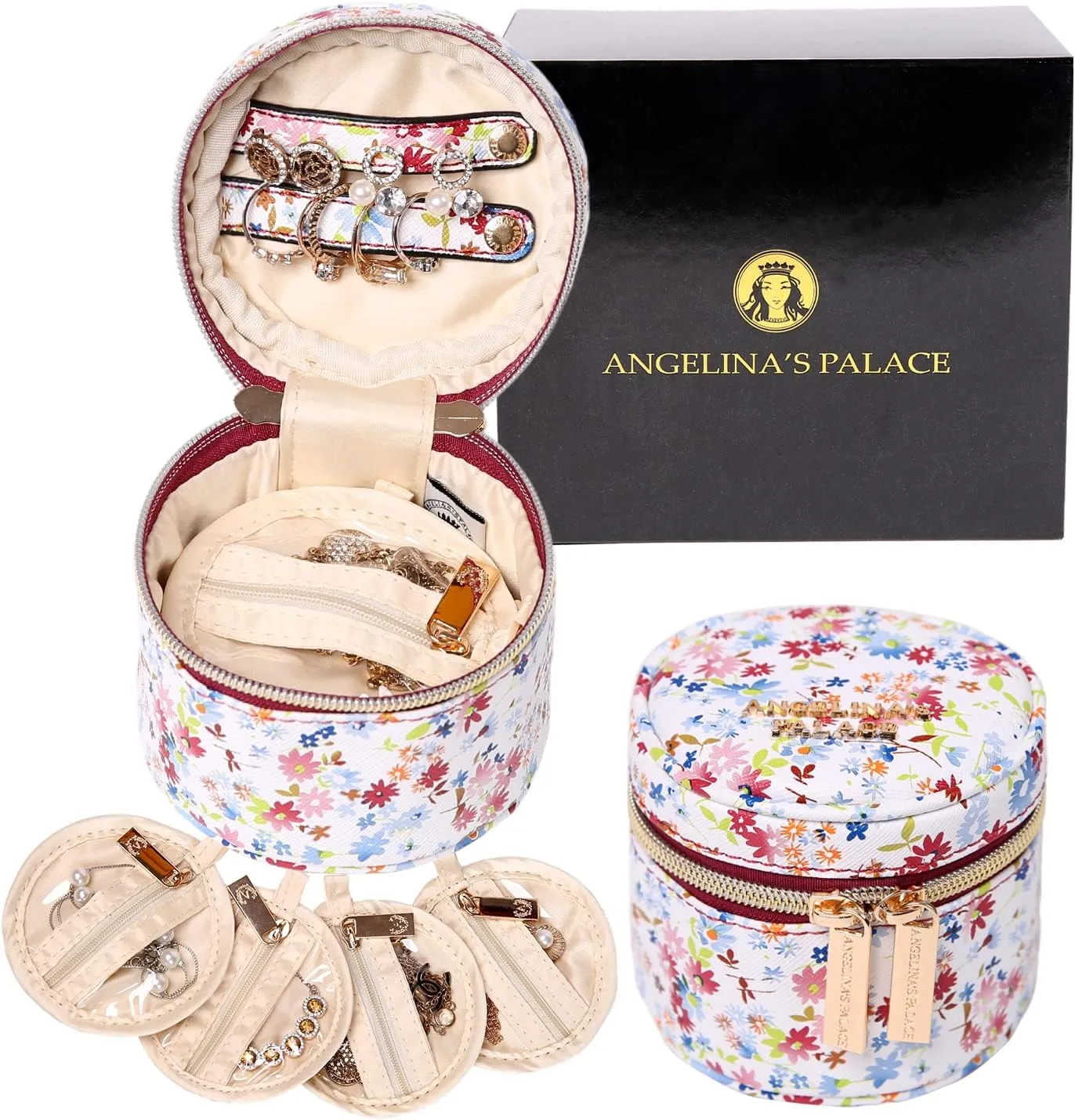 Angelina's Palace Round Jewelry Organizer Case Travel Bag Bridesmaid Gifts Vegan Leather Box for Necklace Earring Bracelet Ring(blossom wine)