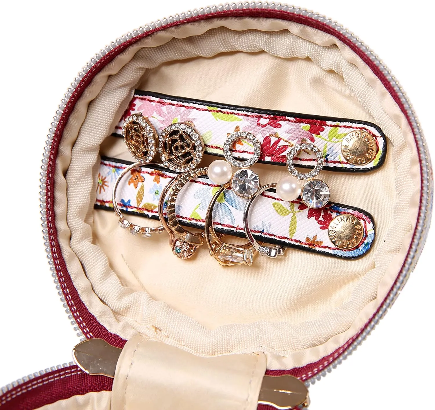 Angelina's Palace Round Jewelry Organizer Case Travel Bag Bridesmaid Gifts Vegan Leather Box for Necklace Earring Bracelet Ring(blossom wine)