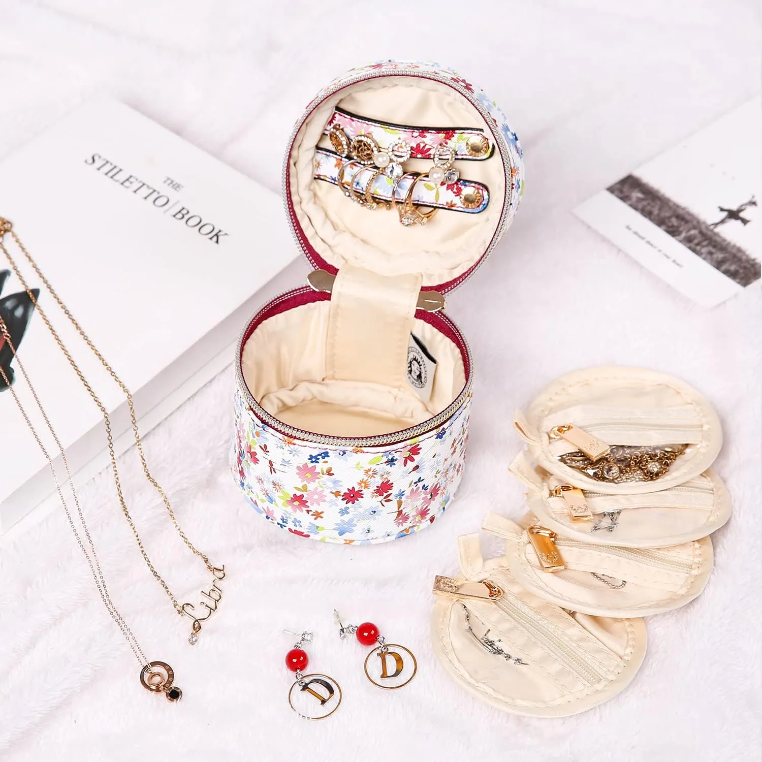 Angelina's Palace Round Jewelry Organizer Case Travel Bag Bridesmaid Gifts Vegan Leather Box for Necklace Earring Bracelet Ring(blossom wine)