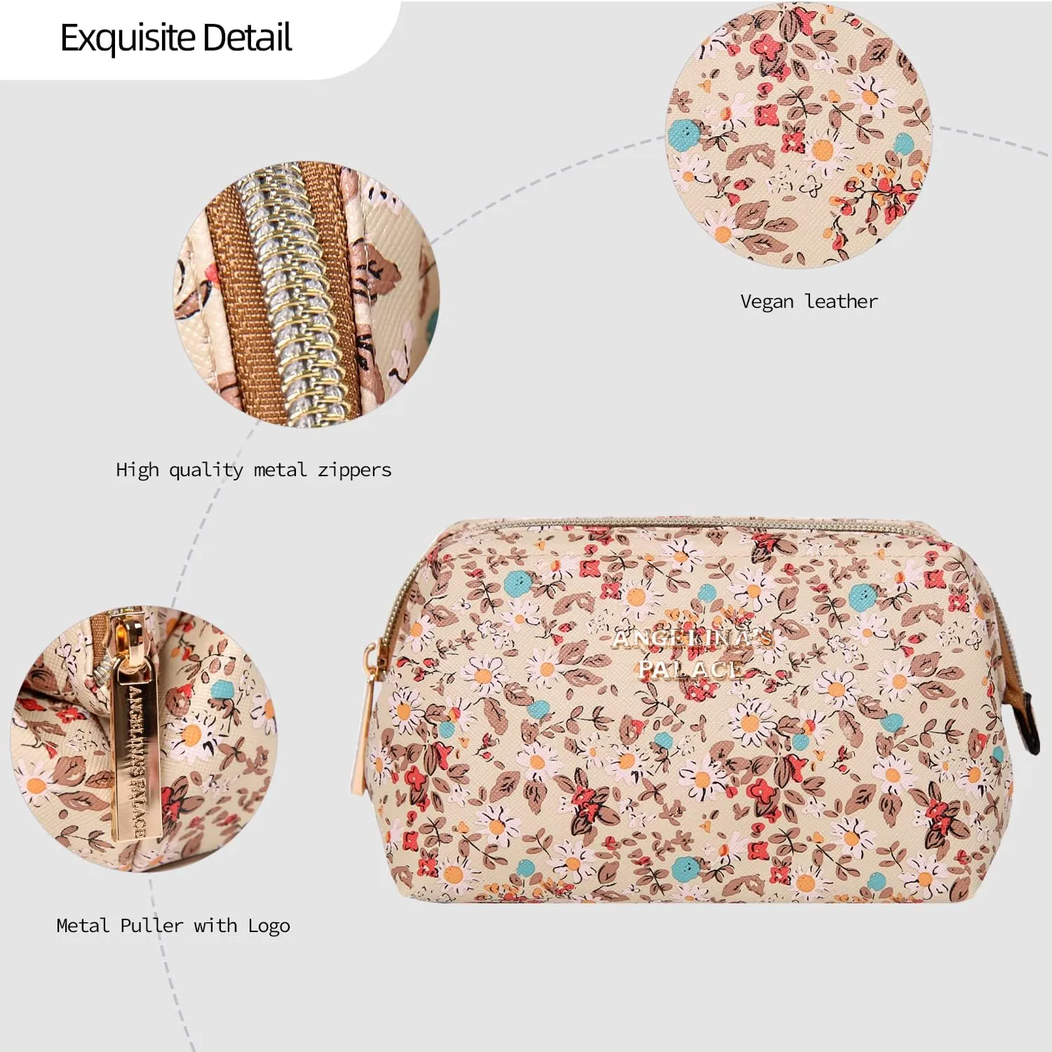 Angelina's Palace Vegan Leather Waterproof Travel Cosmetic Bag Toiletry Organizer Makeup Pouches(blossom tan)