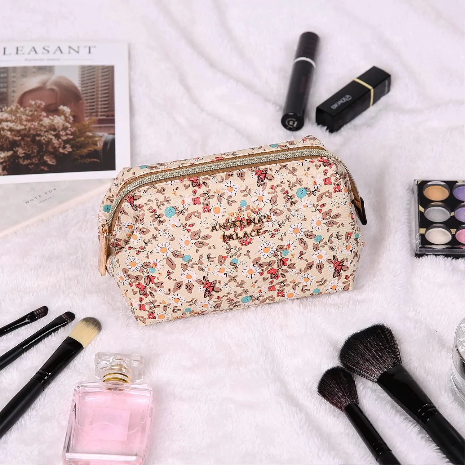 Angelina's Palace Vegan Leather Waterproof Travel Cosmetic Bag Toiletry Organizer Makeup Pouches(blossom tan)