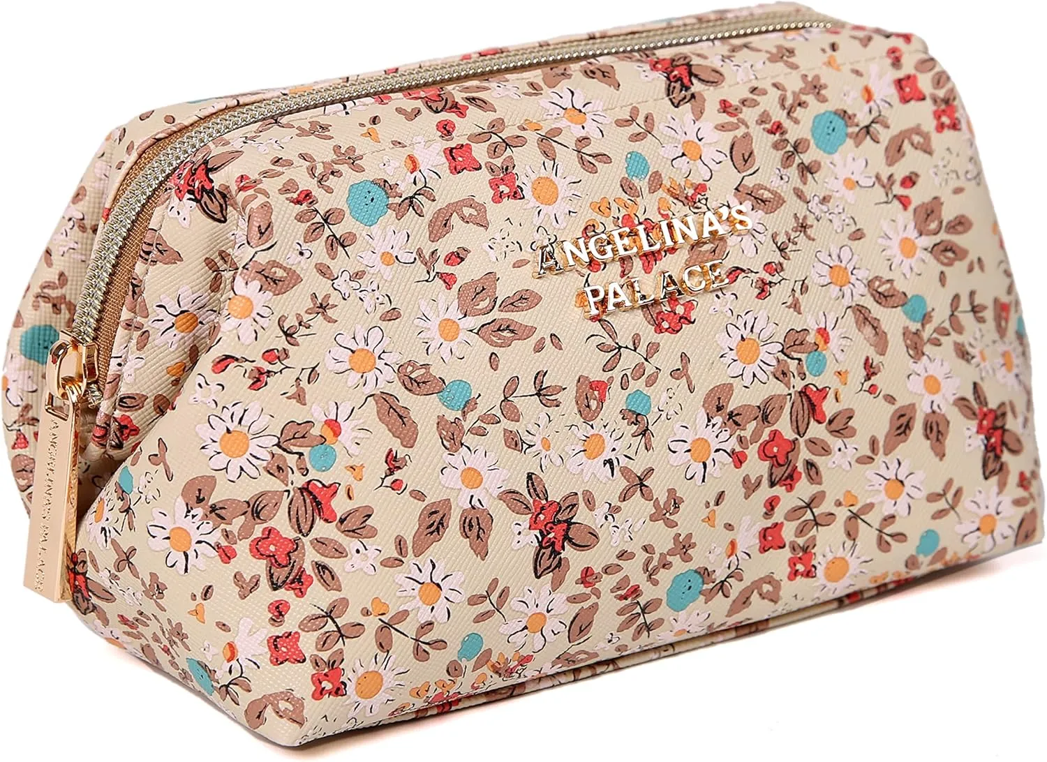 Angelina's Palace Vegan Leather Waterproof Travel Cosmetic Bag Toiletry Organizer Makeup Pouches(blossom tan)