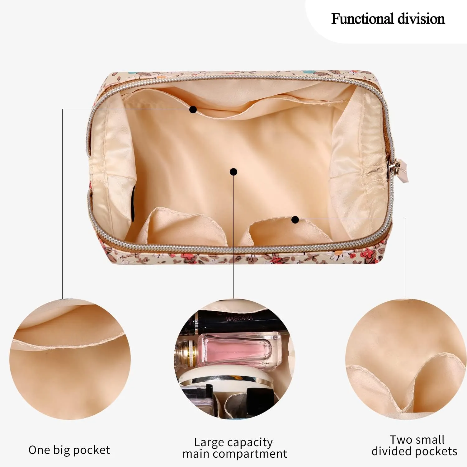 Angelina's Palace Vegan Leather Waterproof Travel Cosmetic Bag Toiletry Organizer Makeup Pouches(blossom tan)