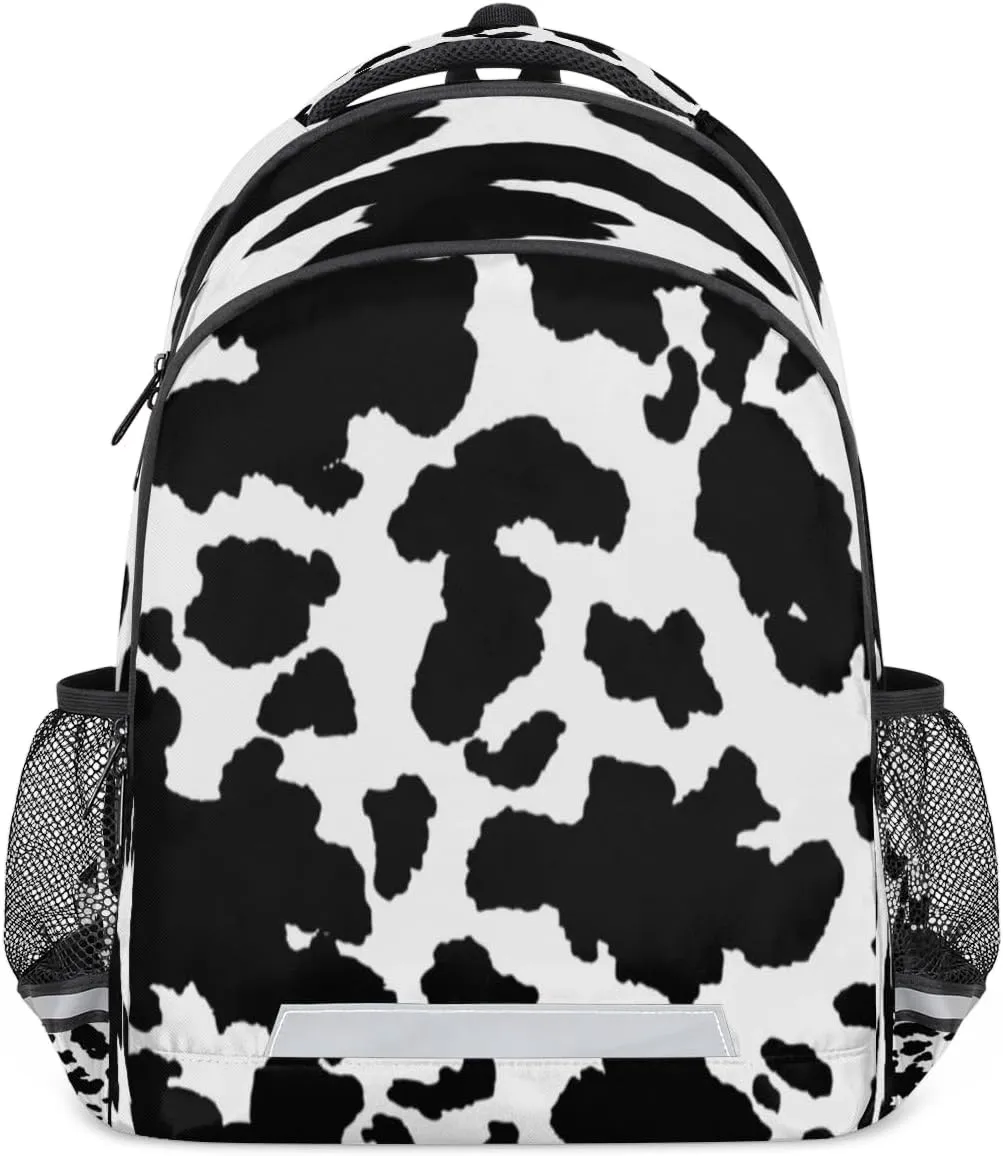 Animal Cow Skin Backpack Black Dot Lightweight Backpack with Reflective Strip Travel Bag Casual Daypack Laptop Backpack
