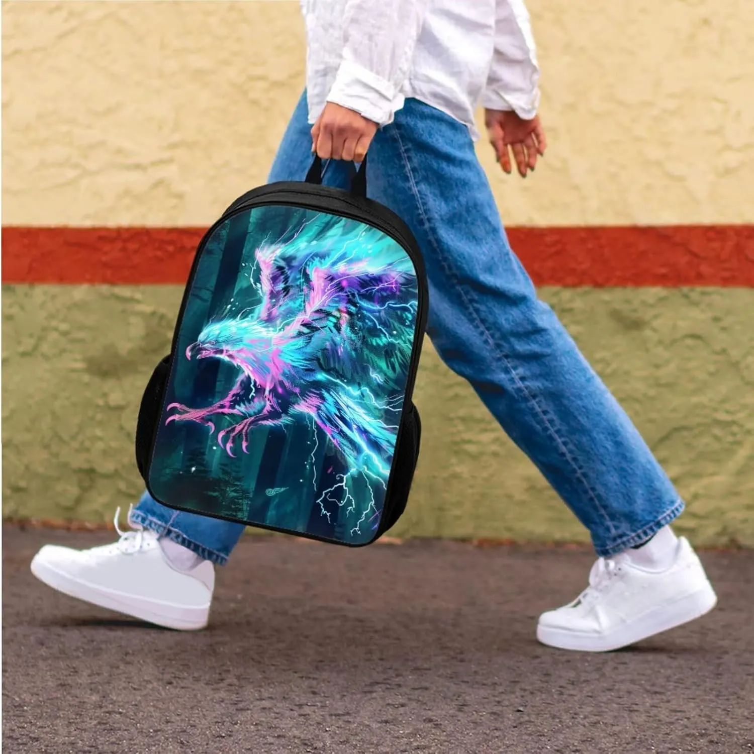 Animal Print Backpack with Lunch Box Pencil Case Cool Lightning Eagle Backpack for Boys Girls Large Capacity Lightweight Grey 17 Inch School Bag Set for Kids