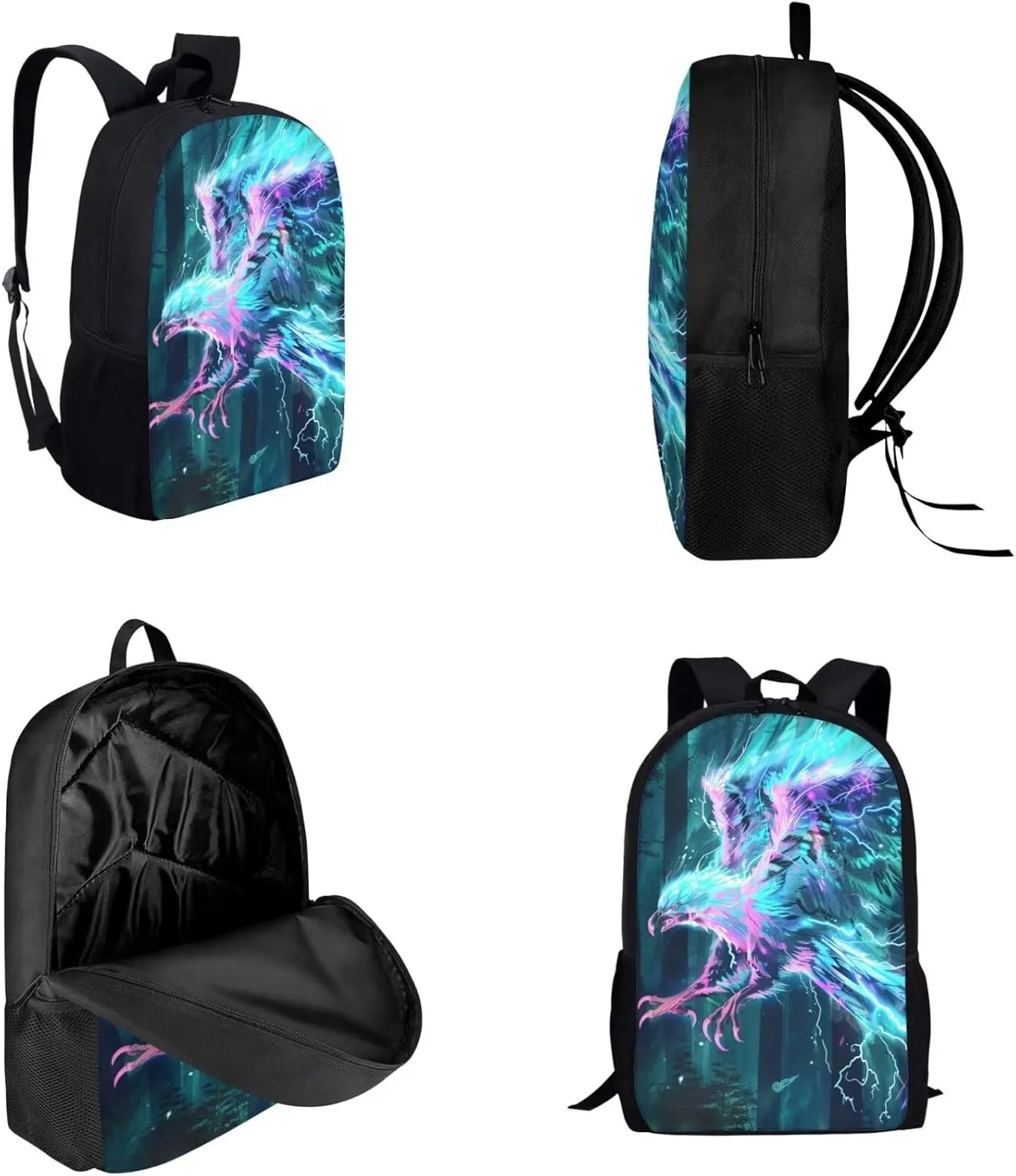 Animal Print Backpack with Lunch Box Pencil Case Cool Lightning Eagle Backpack for Boys Girls Large Capacity Lightweight Grey 17 Inch School Bag Set for Kids