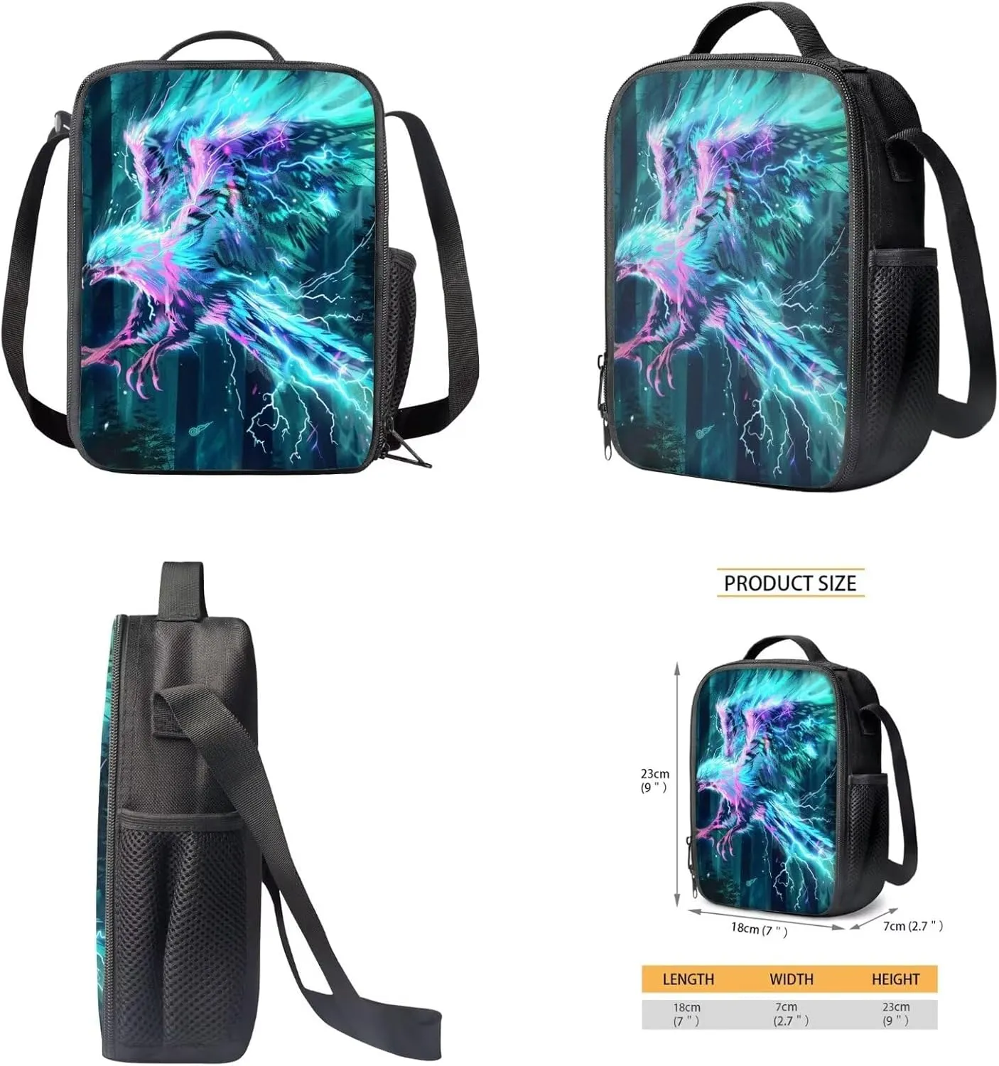 Animal Print Backpack with Lunch Box Pencil Case Cool Lightning Eagle Backpack for Boys Girls Large Capacity Lightweight Grey 17 Inch School Bag Set for Kids