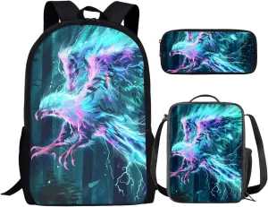 Animal Print Backpack with Lunch Box Pencil Case Cool Lightning Eagle Backpack for Boys Girls Large Capacity Lightweight Grey 17 Inch School Bag Set for Kids