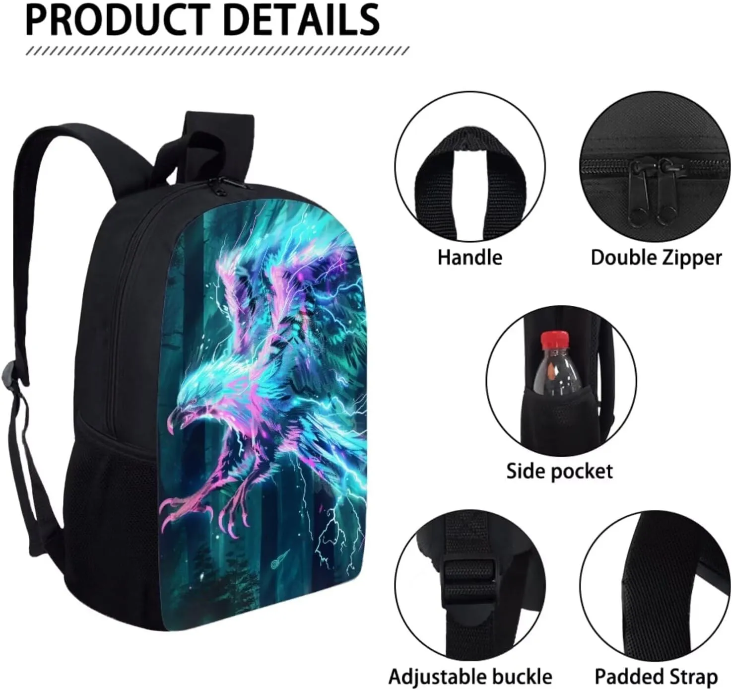 Animal Print Backpack with Lunch Box Pencil Case Cool Lightning Eagle Backpack for Boys Girls Large Capacity Lightweight Grey 17 Inch School Bag Set for Kids