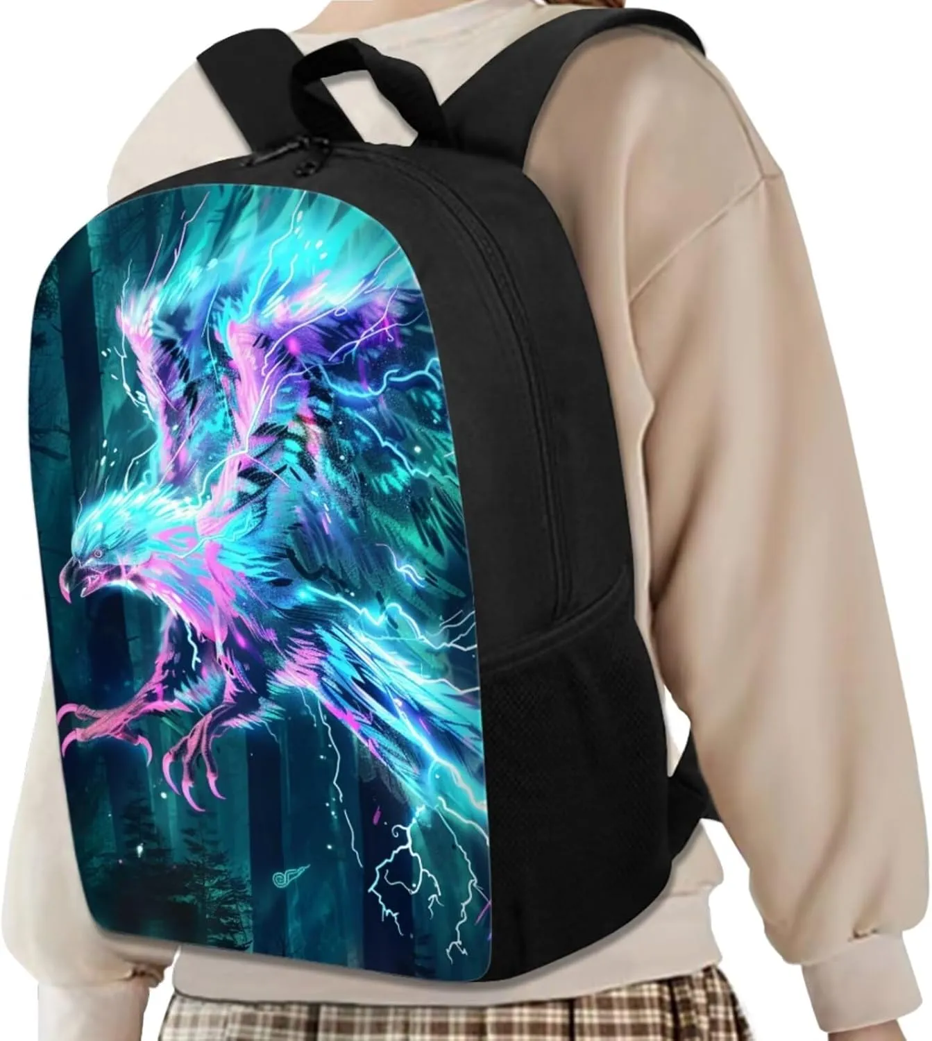 Animal Print Backpack with Lunch Box Pencil Case Cool Lightning Eagle Backpack for Boys Girls Large Capacity Lightweight Grey 17 Inch School Bag Set for Kids