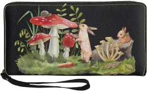 Animals Mushroom Printed Women Wristlet Wallet Zip Around Large Capacity Long Clutch Travel Shopping Casual Coin Purse