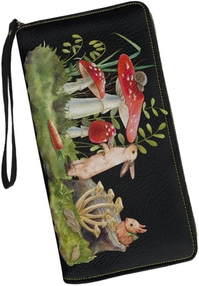 Animals Mushroom Printed Women Wristlet Wallet Zip Around Large Capacity Long Clutch Travel Shopping Casual Coin Purse