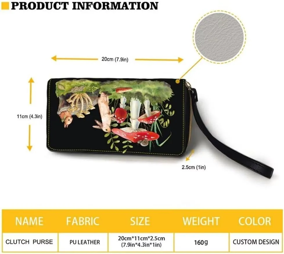 Animals Mushroom Printed Women Wristlet Wallet Zip Around Large Capacity Long Clutch Travel Shopping Casual Coin Purse