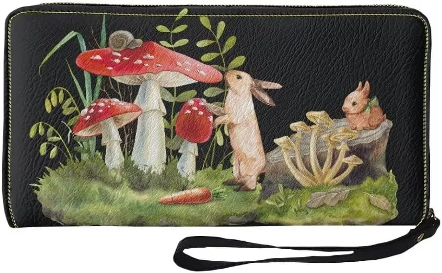 Animals Mushroom Printed Women Wristlet Wallet Zip Around Large Capacity Long Clutch Travel Shopping Casual Coin Purse