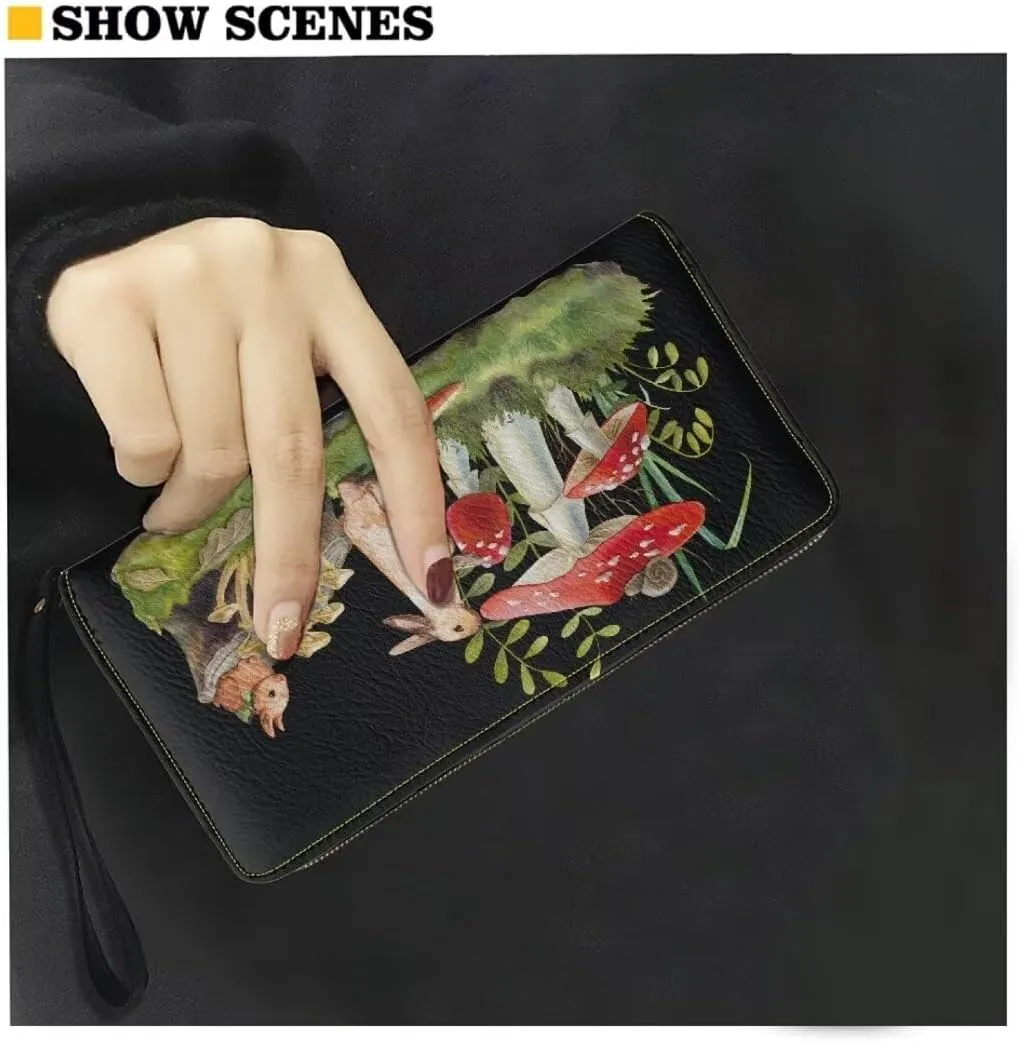 Animals Mushroom Printed Women Wristlet Wallet Zip Around Large Capacity Long Clutch Travel Shopping Casual Coin Purse