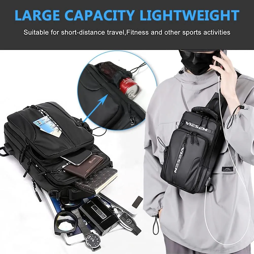 Anti Theft Sling Bag Shoulder Crossbody Backpack Chest Bag for Men Women Multipurpose Waist Pack with USB Charging Port (Blue)