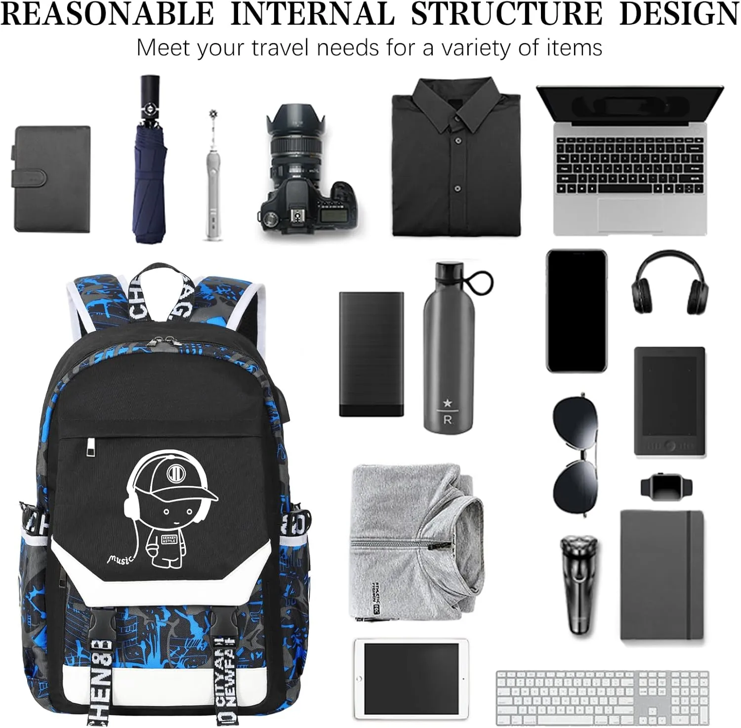 Anti Theft travel backpack Laptop Backpack Large Capacity Luminous Backpack Adjustable Shoulder Strap Backpack USB Anime Backpack Charging Port & Headphone Port Backpack Combination Lock Blue